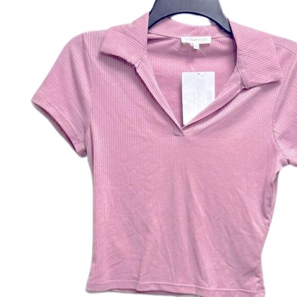 ULTRA FLIRT Ribbed Polo T-Shirt Juniors' M Pink Dawn Collared V-neck Pullover - Picture 5 of 8